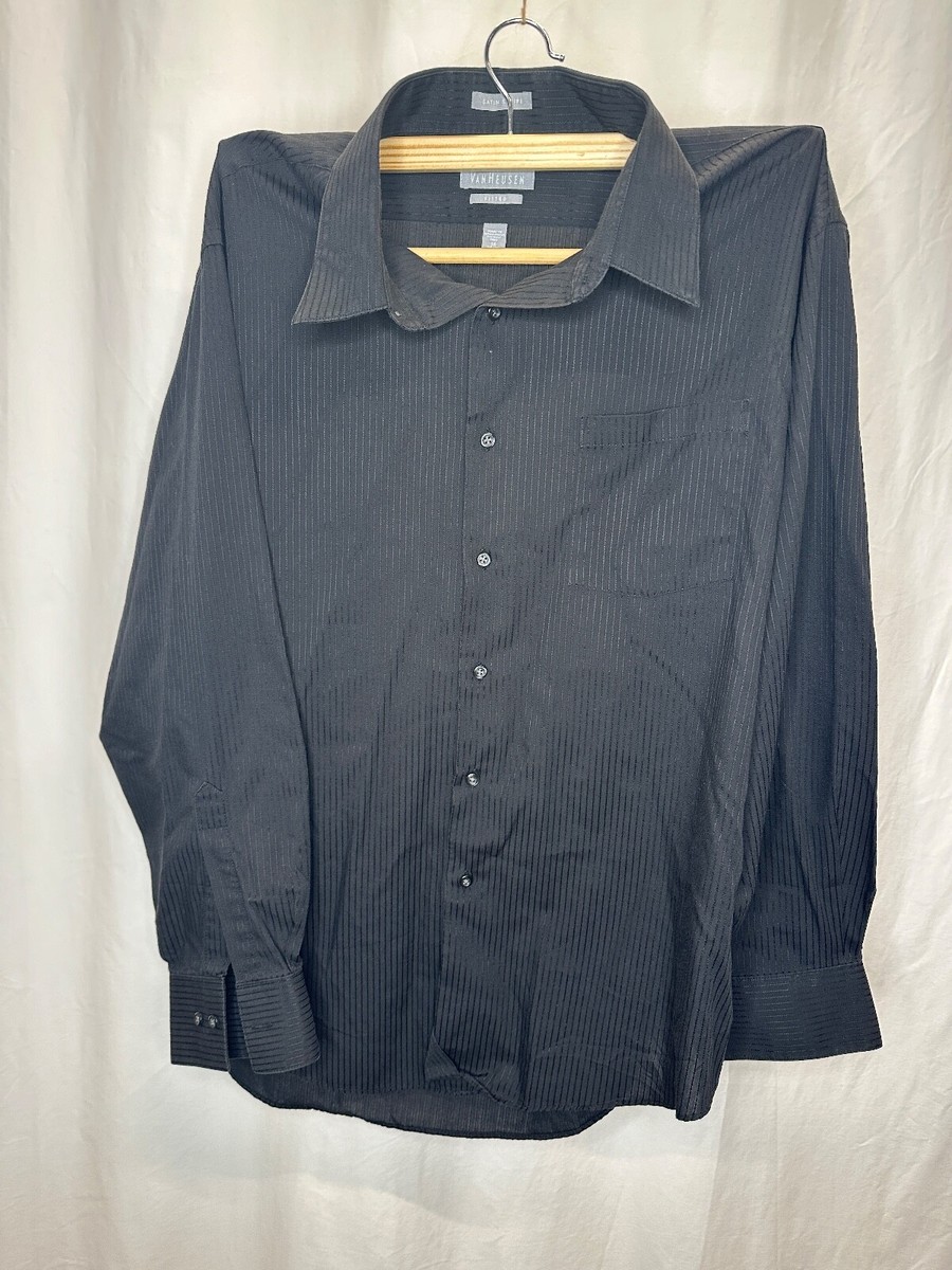 Van Heusen Mens Fitted Dress Shirt Large XL(34/35) Tone Black Satin Pen  Stripe