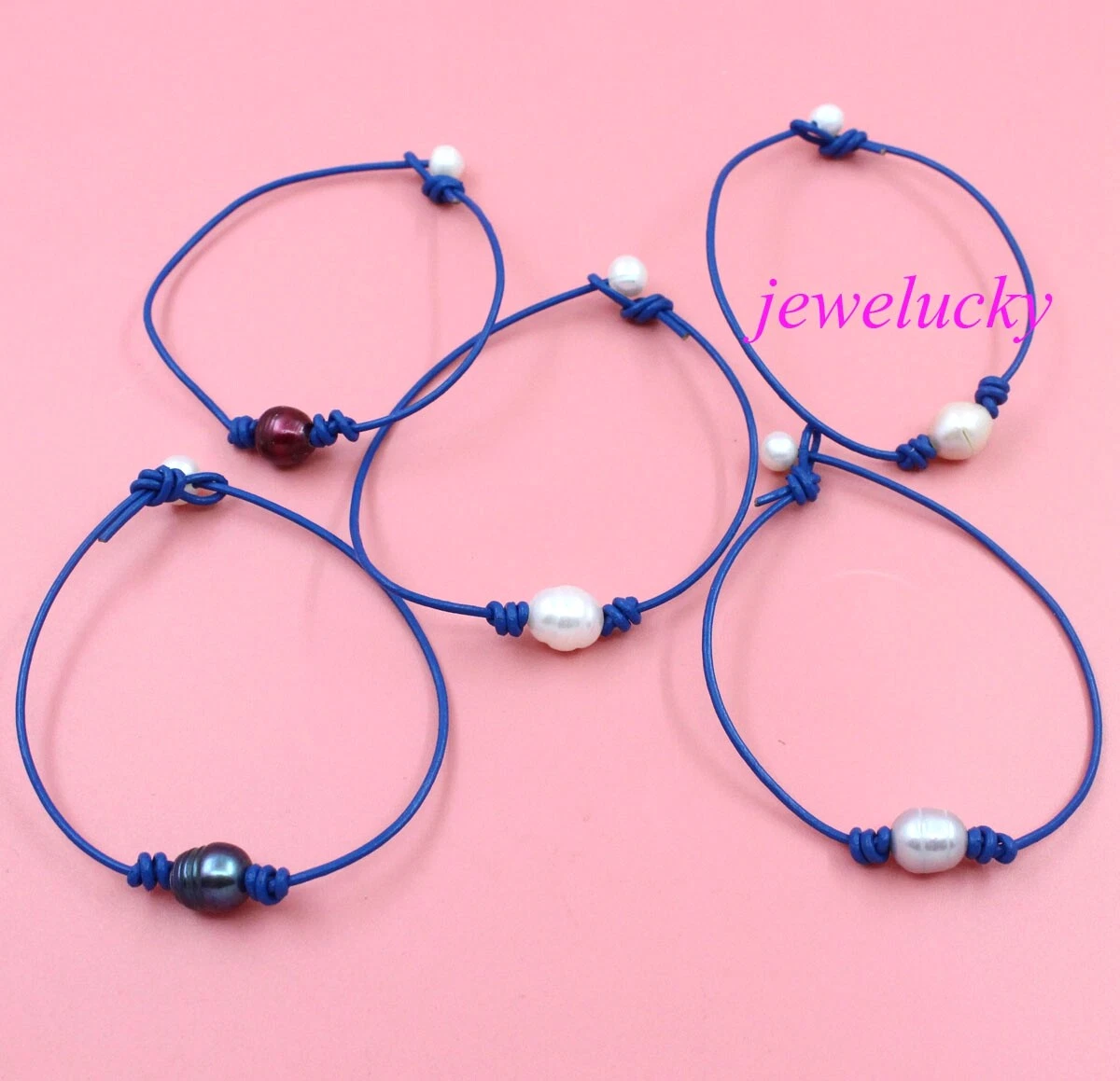 Wholesale 5 Pcs Mix Color Pearl Beads Blue Leather Bracelet 7.5