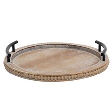 Brown Wood Beaded Serving Tray with Handle Rustic Round Coffee Table Decor