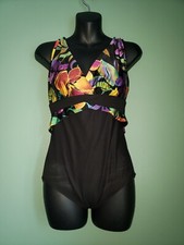 LONGITUDE MULTICOLOR PURPLE FLORAL BLACK RUCHED V-NECK 1 PIECE SWIMSUIT 10