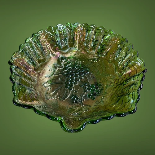 Vintage Imperial Glass Green Carnival Glass Bowl Grape with Ruffled Crimped Edge