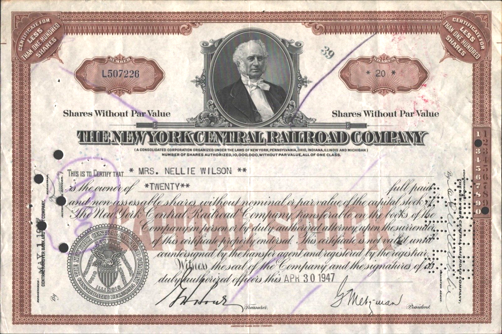 1947 New York Central Railroad Company Vintage 20-Share Stock Certificate
