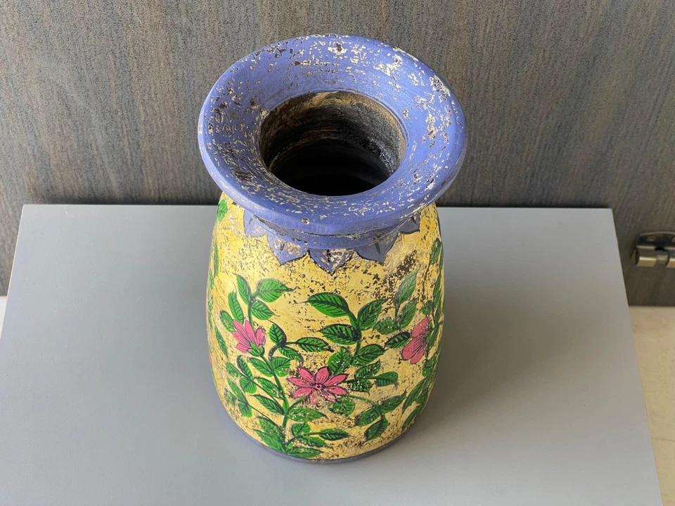 Vintage Looking Wooden Multicolor Flower Design  Flower Vase , Pot, Planter -157 - Image 4 of 4