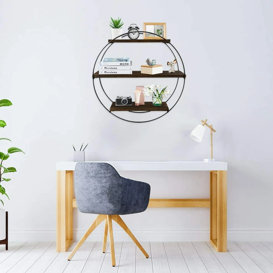 Large 20" Vintage Wood Wall Rack Round Storage Shelf Industrial Style Metal Wire - Image 4 of 4