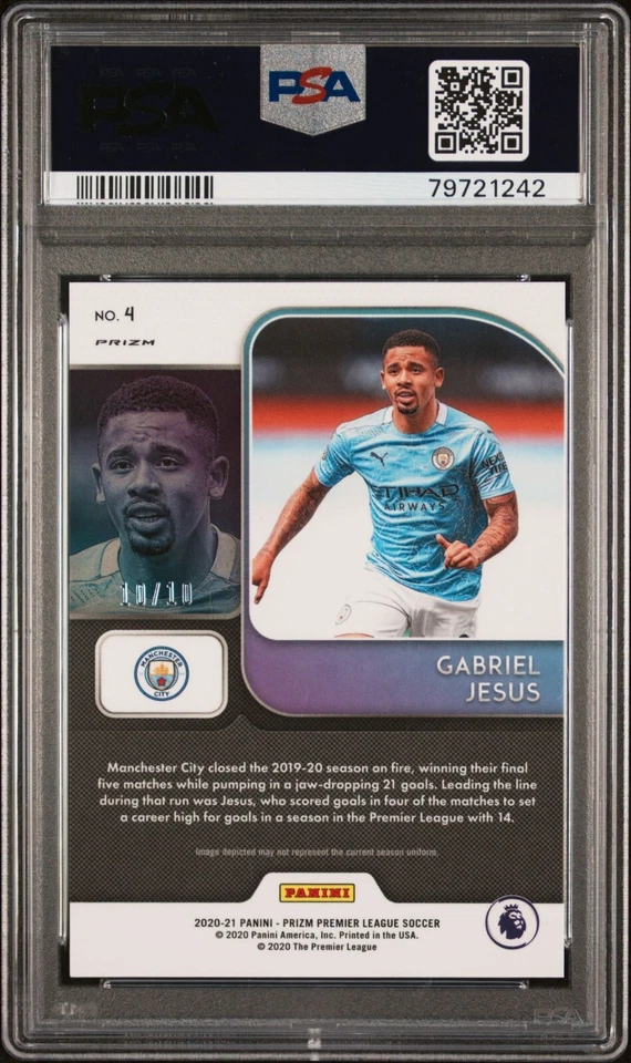 2020-21 Gabriel Jesus Panini Prizm Instant Impact Gold Card 10/10 PSA 10 GEM - Image 2 of 3
