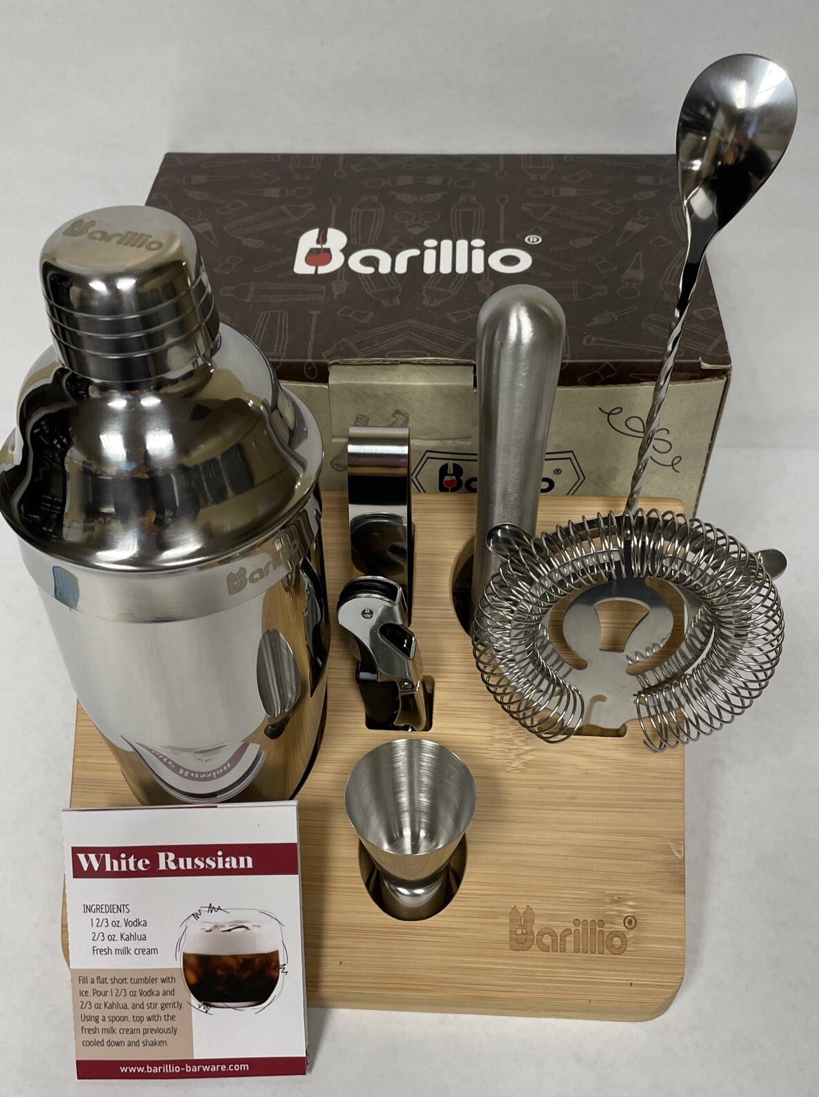 Barillio 10-Piece Mixology Bartender Kit w/ Bamboo Stand Silver Stainless Steel