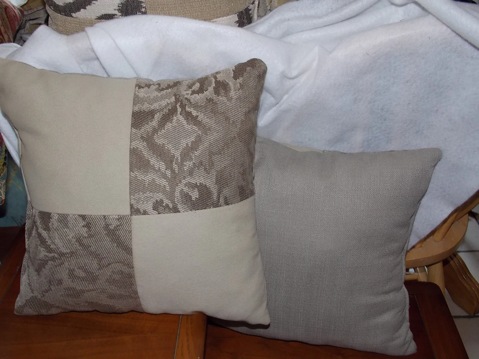 Pair of Taupe Beige Patchwork Print Throw Pillows 16 x 16