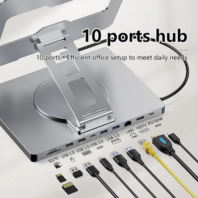 10-in-1 iPad Halter Docking Station Hub 4K 60Hz USB-C HDMI 100W PD Aluminium