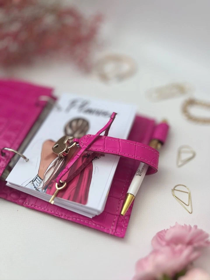 Hot Pink leather notebook cover A7 6 rings mini wallet, Mini Planner Binder. - Image 3 of 4