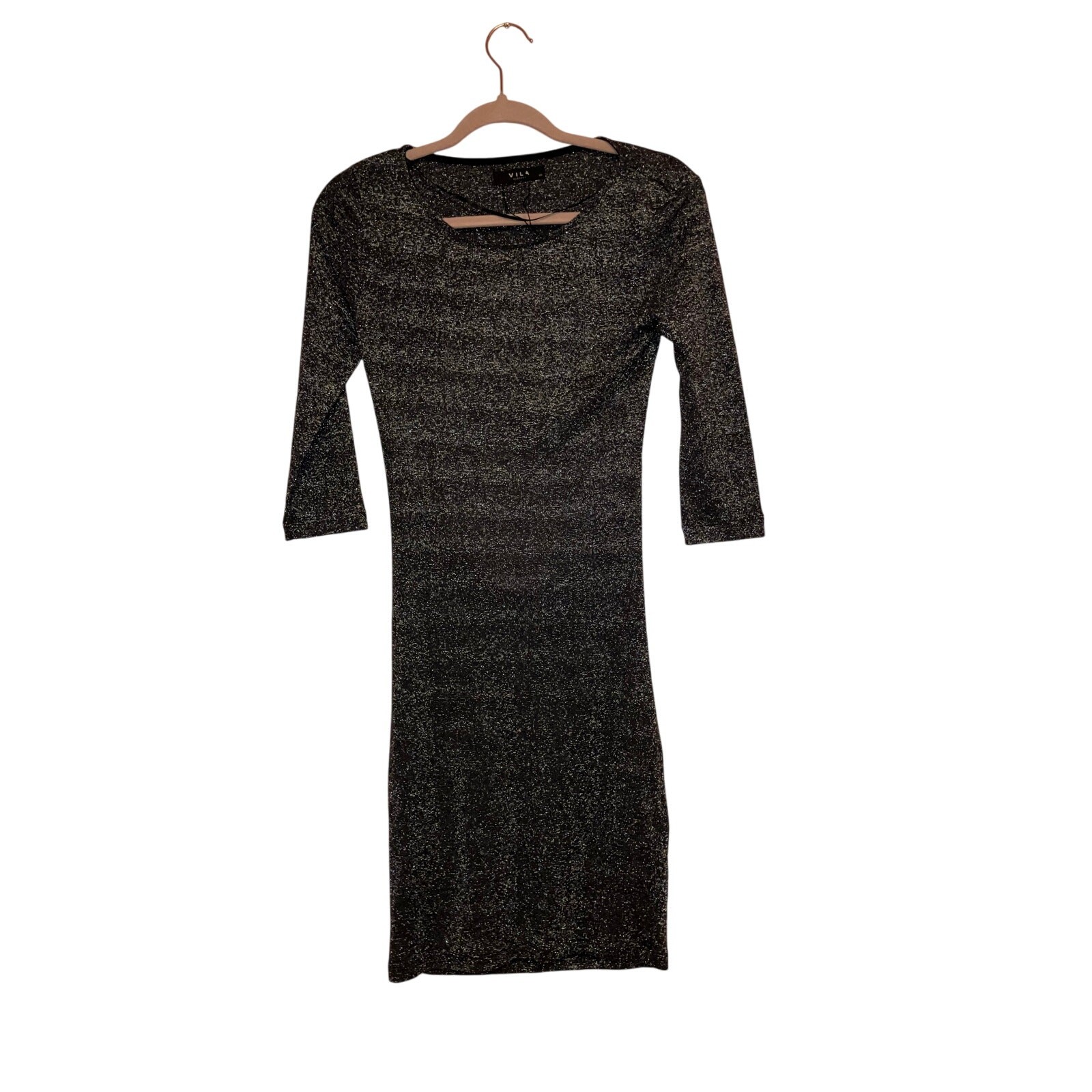VILA Black Silver Glitter Open Back Metallic Bodycon Party Dress XS