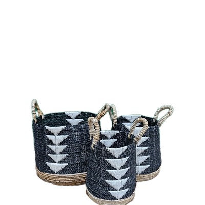 Rattan Aufbewahrungskorb 3er Set Tribal Handarbeit Rattankörbe mit Griffen