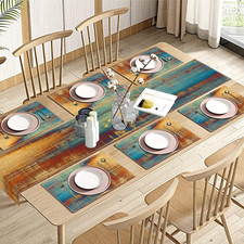 Blue and Orange Table Runner and Placemats Set of 6 Vintage Abstract Messy Ru...