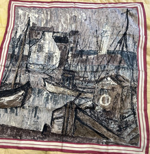 Bianchini Silk Scarf Ship Yard Tug Boat Coastal Town Made in France *defect