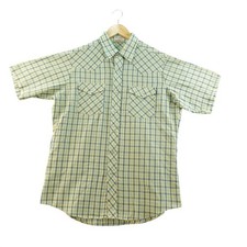 Vintage Lee Western Pearl Snap Shirt Mens L Plaid Yellow Blue Short Sleeve Y2K