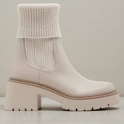 NIB Madden Girl Fawn Sweater Bootie Almond Womens Size 8.5 Block Heel Lug Sole