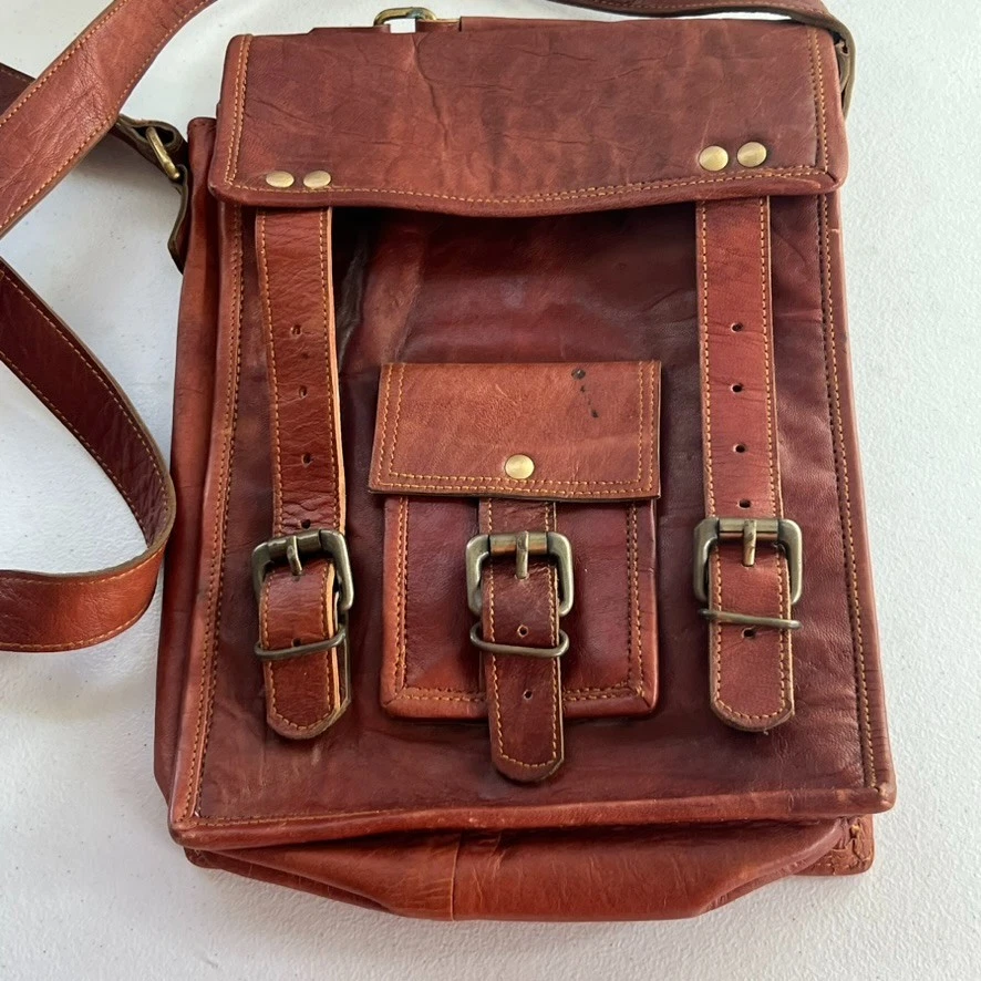 邮差包男女通用垂直棕色皮革手工复古 — 第 3/4 张图片