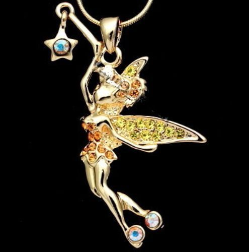 CADENA Y COLGANTE CON HADA PRECIOSA ORO AMARILLO Y ,PIEDRAS DE  CRISTAL AMARILLO