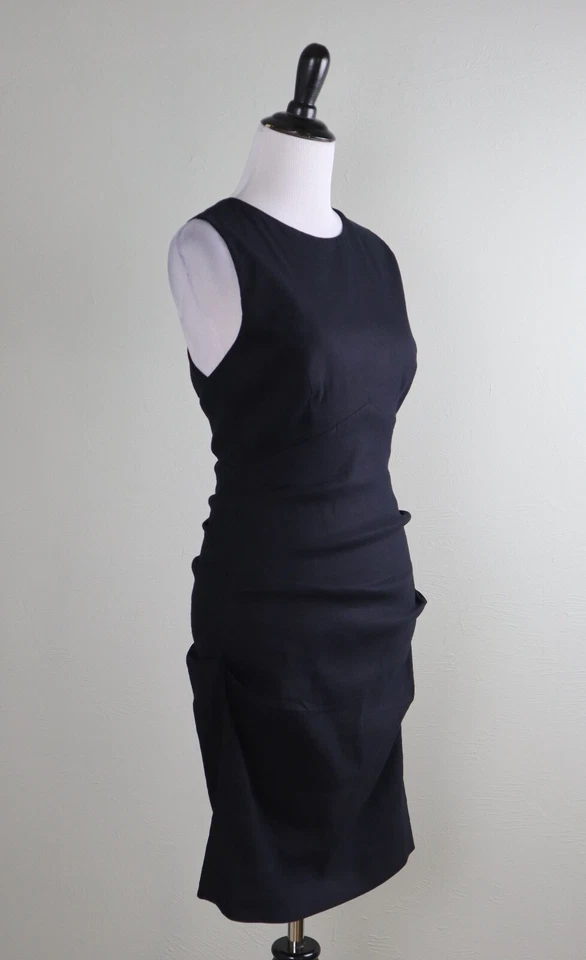 NICOLE MILLER COLLECTION $295 Solid Black Pin Tuck Linen Twist Back Dress Size 2 - Image 2 of 4