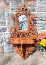 Antique Early Scroll Cut Chestnut? Shaving Mirror Serpentine Comb Holder Shelf