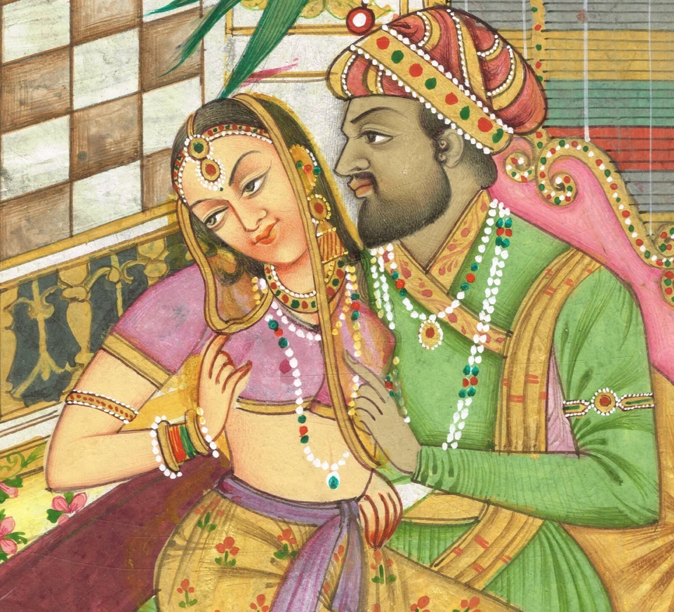 Миниатюрная картина Моголов император и императрица любовное искусство 6,5 x 9,5 дюймов - Изображение 4 из 4