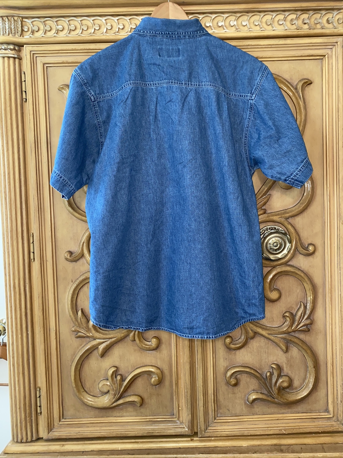 Blue Solid Short Sleeve Collared Button Down Deni… - image 5