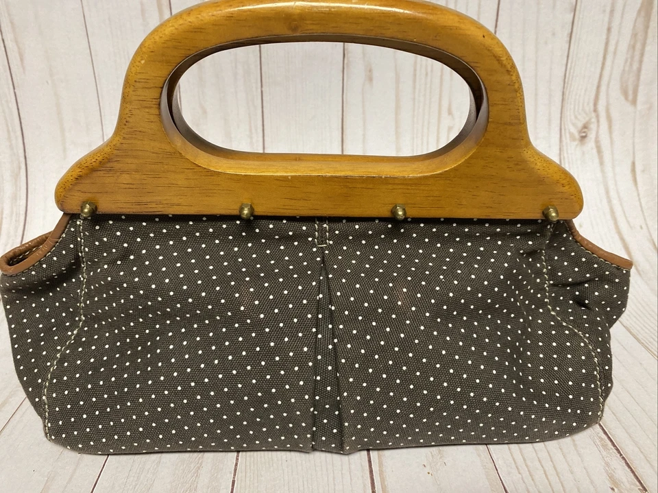 Cartera de mano retro J Crew estilo de colección asas de madera estampado de lunares con tachuelas Foto 2 de 4