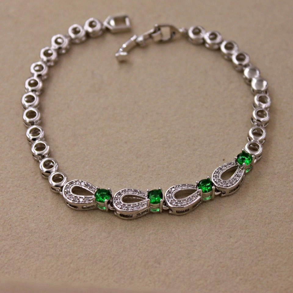 Bastante Nuevo Brazalete Estilo Tenis Eslabón Circonita Verde Relleno Oro Blanco 18K Plata 7.5" Foto 2 de 4