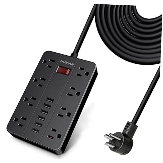 15 Ft Long Extension Cord Power Strip Surge Protector,  Flat Plug 15FT Black