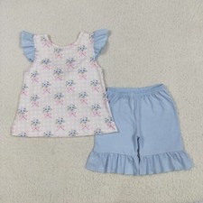 Summer Kids Girls Boutique Clothing Floral Print Flutter Sleeve Top Shorts Set