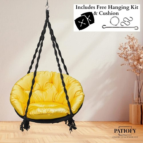 Portable Hanging Cotton Swing Relaxing Chair Jhula Yellow Cushion Decor Hammock - Picture 4 of 6