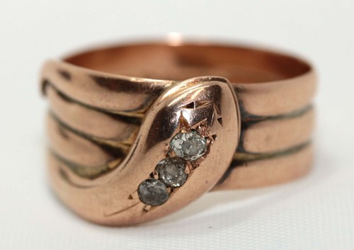 Unisex Antique Old Cut Diamond & 9ct Rose Gold Snake Ring Chester 1915 - Picture 23 of 24