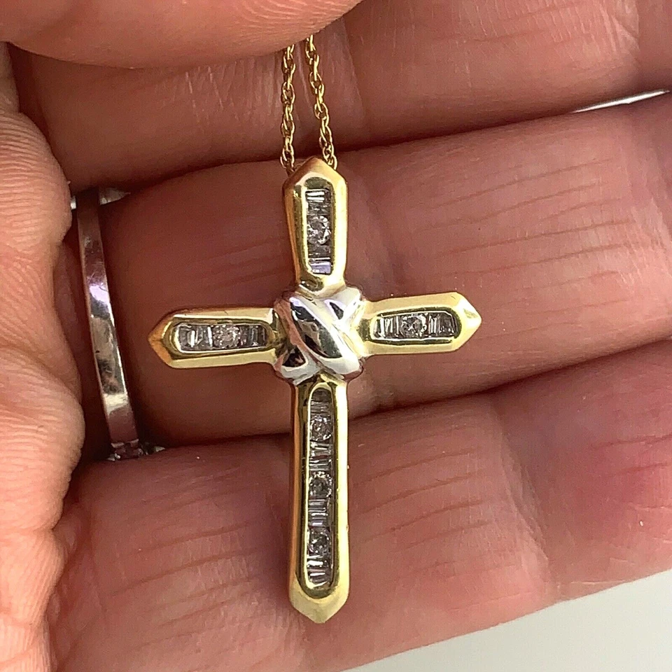 Collar Colgante Cruz Diamante Baguette Oro Amarillo Sólido 10k 18" pulgadas Largo Foto 4 de 4
