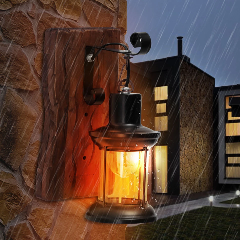RETRO VINTAGE WANDLEUCHTE HOLZ-WANDLAMPE INDUSTRIELAMPE AUßEN LATERNE LICHT E27 - Bild 3 von 4