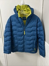 LL Bean 650 Down Jacket Kids L 14-16 Blue Lime Green Sherpa Lined Puffer 295572