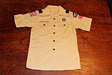 Boy Scouts of America BSA Youth Shirt Tan Large Sewn Patches Short Sleeve Spot