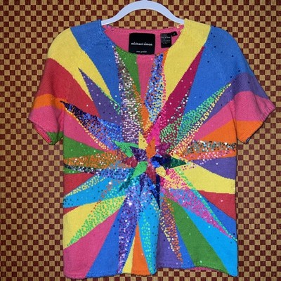 Vintage Michael Simon NY Novelty Rainbow Sweater Vibrant Sequins And Starburst