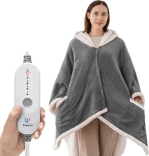 Wearable Heated Throw Blanket, Heated Shawl Electric Wrap Poncho with Hood & Poc