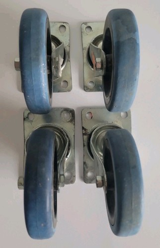 Set of 4 4"x7/8" Heavy Duty Screw or Bolt-On Swivel Casters Blue Rubber Wheels