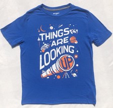 Old Navy Shirt Boys Size L 10-12 Graphic Print Outer Space Stars Telescope Blue