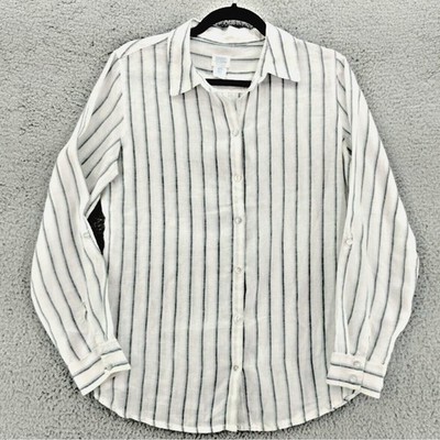 Sigrid Olsen Top Womens Medium Gray Striped 100% Linen Roll Tab Sleeve Coastal