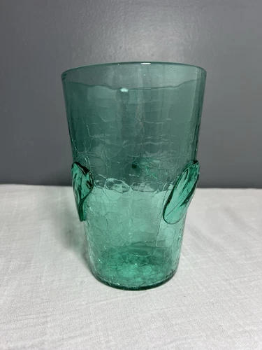 Blenko 7” Crackle Glass Vase - Rare Green On Green - With Applied Leaves