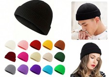 Men Mini Short Fisherman Beanie Hat Winter Warm Knitted Ribbed Docker Skull Cap
