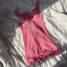 Vintage Coquette Victorias Secret Push Up Heart Bow Pink Lace Babydoll Lingerie