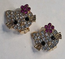 Hello Kitty Goldtone Crystal  Pink Rhinestone Clip On Earrings JM 