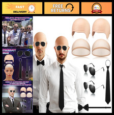 Halloween Latex Bald Caps with Wig Caps, Sunglasses, Tie Bow Tie for Cosplay