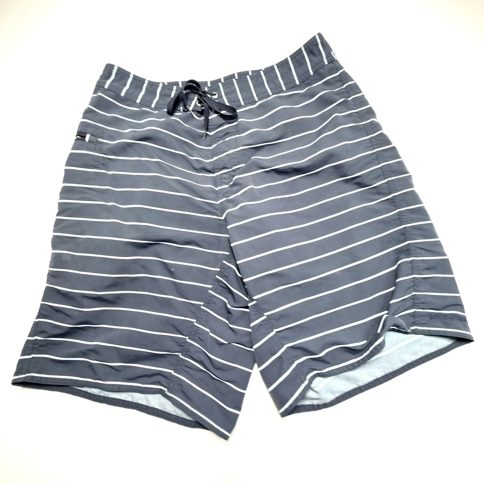 Patagonia Board Shorts Mens 34 Gray Blue Stripe Swim Trunks 10" Inseam