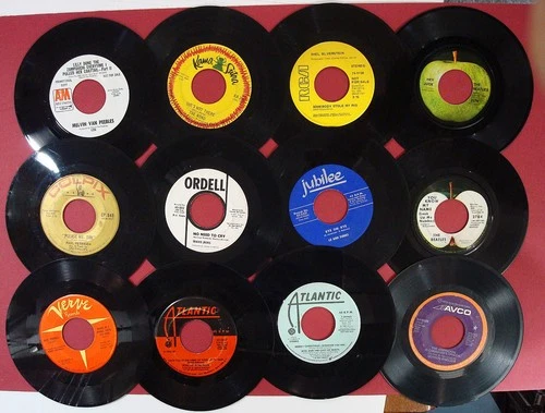Lot of 48 Mixed 45 RPM records odd Labels - 4 photos, LeCam, Outhouse, Beatles
