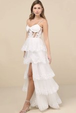 Lulus NWT Alluring Sensation White Tulle Embroidered Tiered Maxi Dress sz L