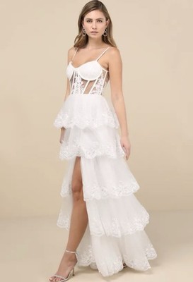 Lulus NWT Alluring Sensation White Tulle Embroidered Tiered Maxi Dress sz L