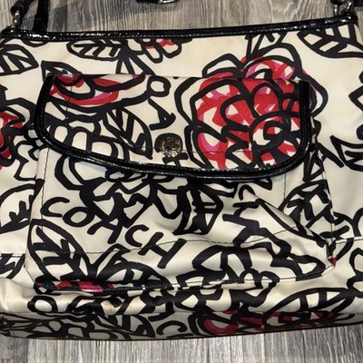 COACH Graffiti Kyra Poppy black white red sateen shoulder